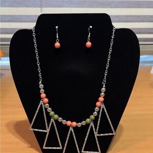 Geometric Silver and Coral Necklace Set